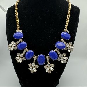 J Crew Royal Blue And Clear Rhinestone Faceted Stones Statement Bib Gold Tone